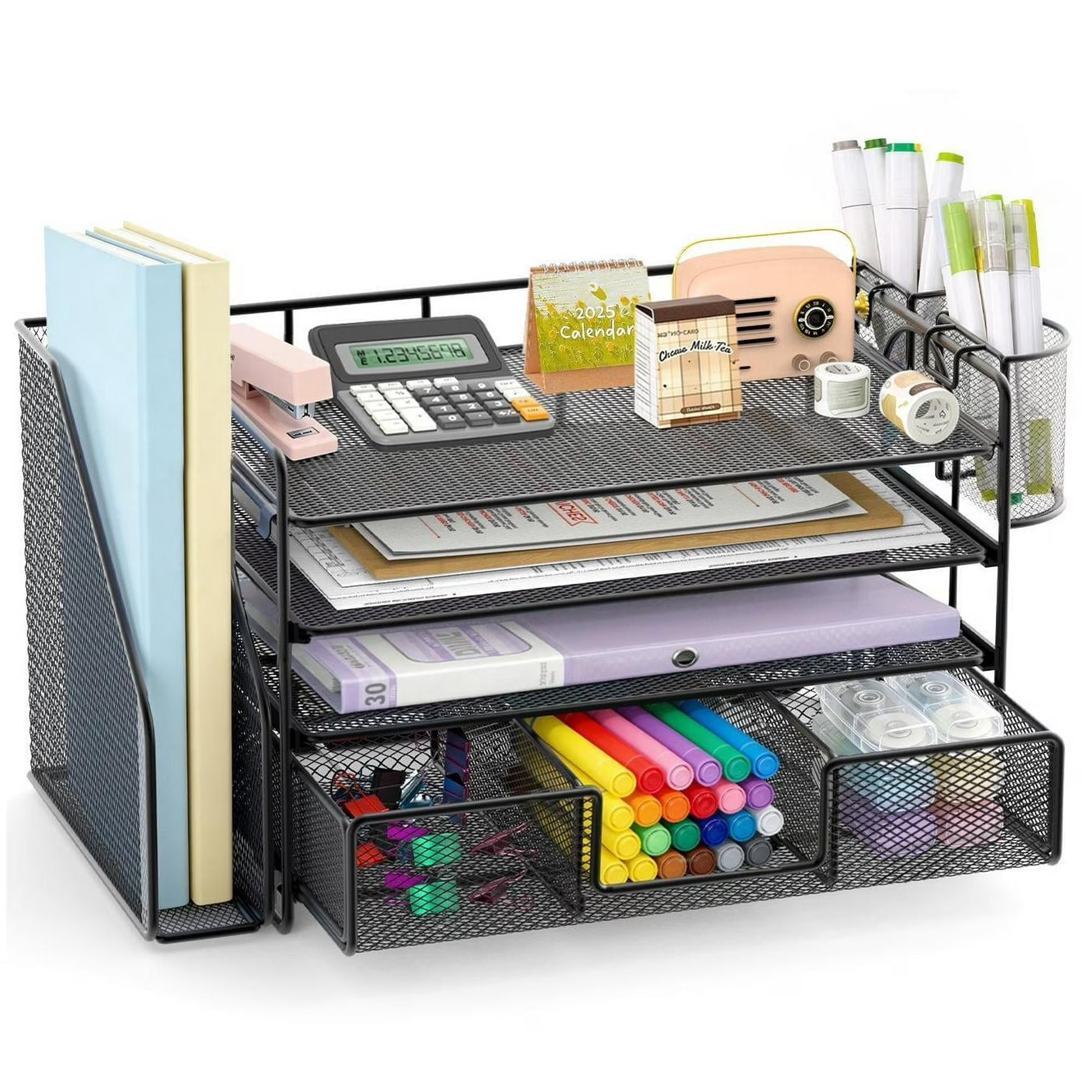 4-Tier Desktop File Organizer with Drawer & Pen Holders