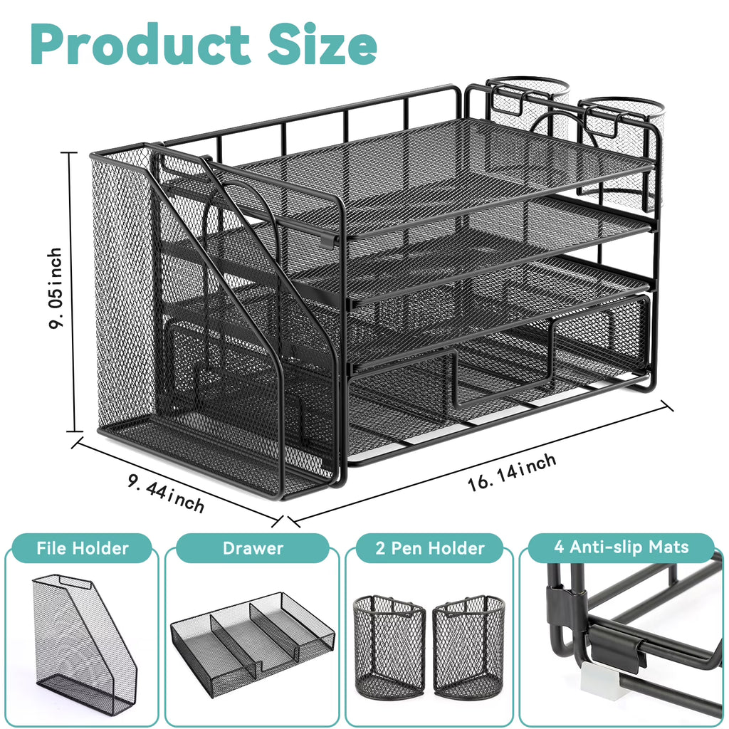 4-Tier Desktop File Organizer with Drawer & Pen Holders