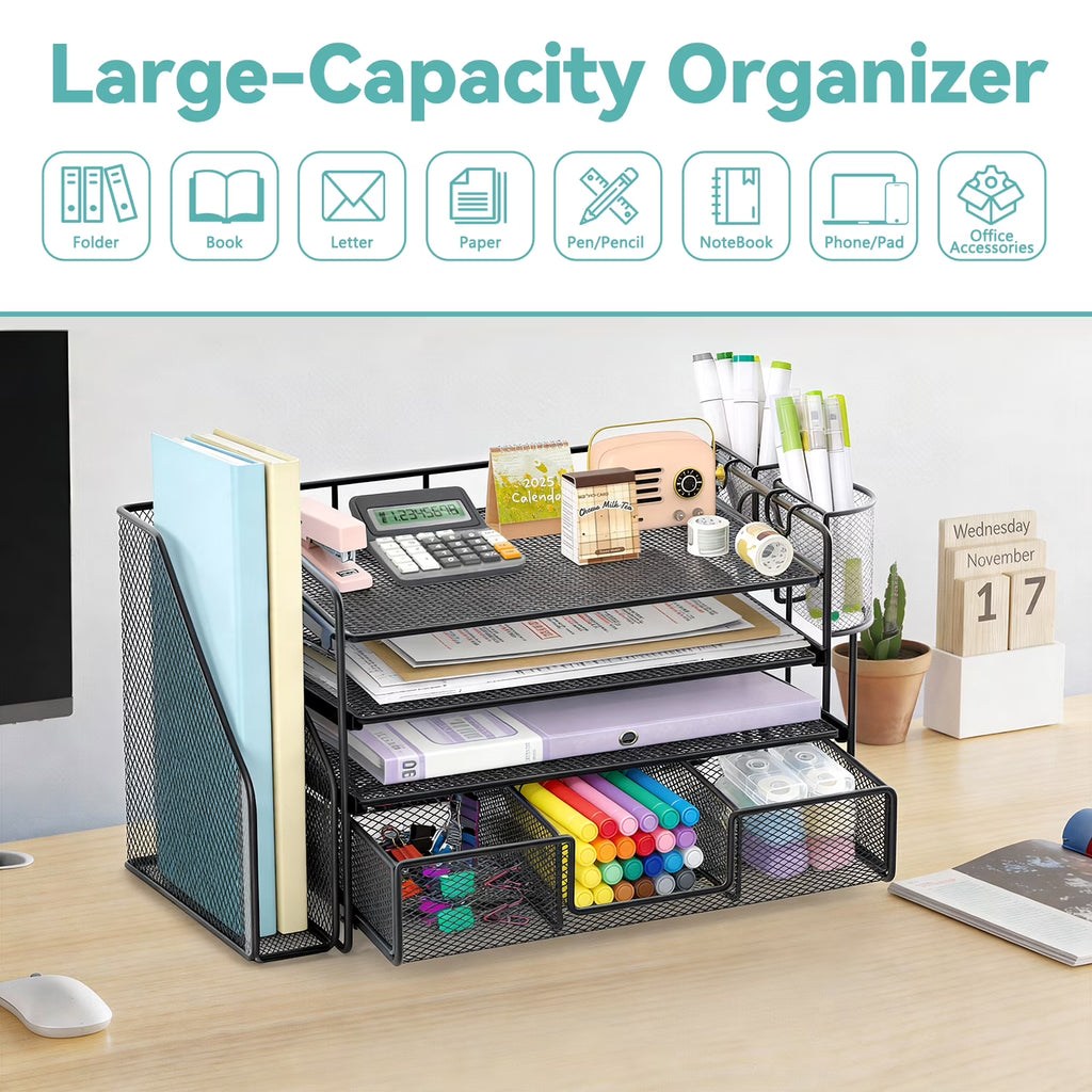 4-Tier Desktop File Organizer with Drawer & Pen Holders