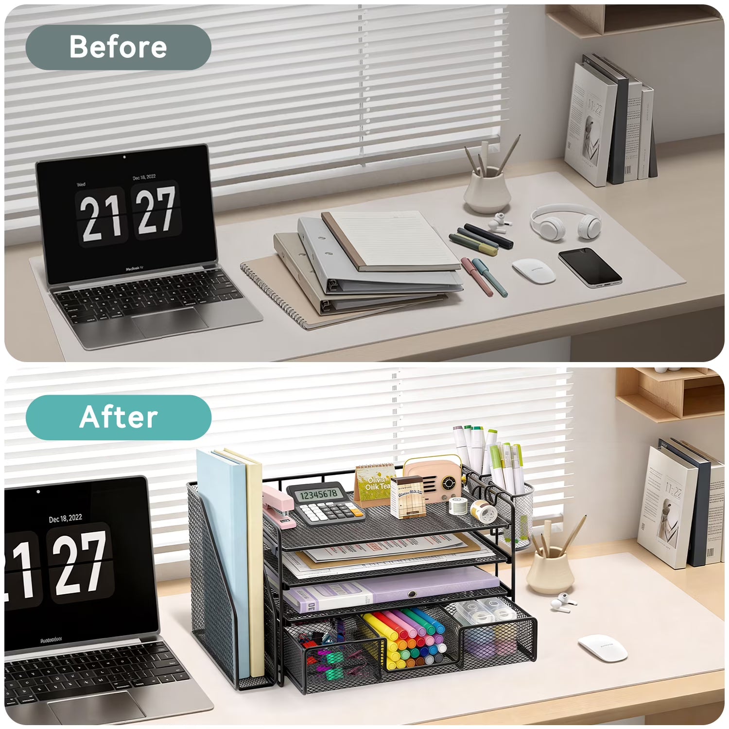 4-Tier Desktop File Organizer with Drawer & Pen Holders