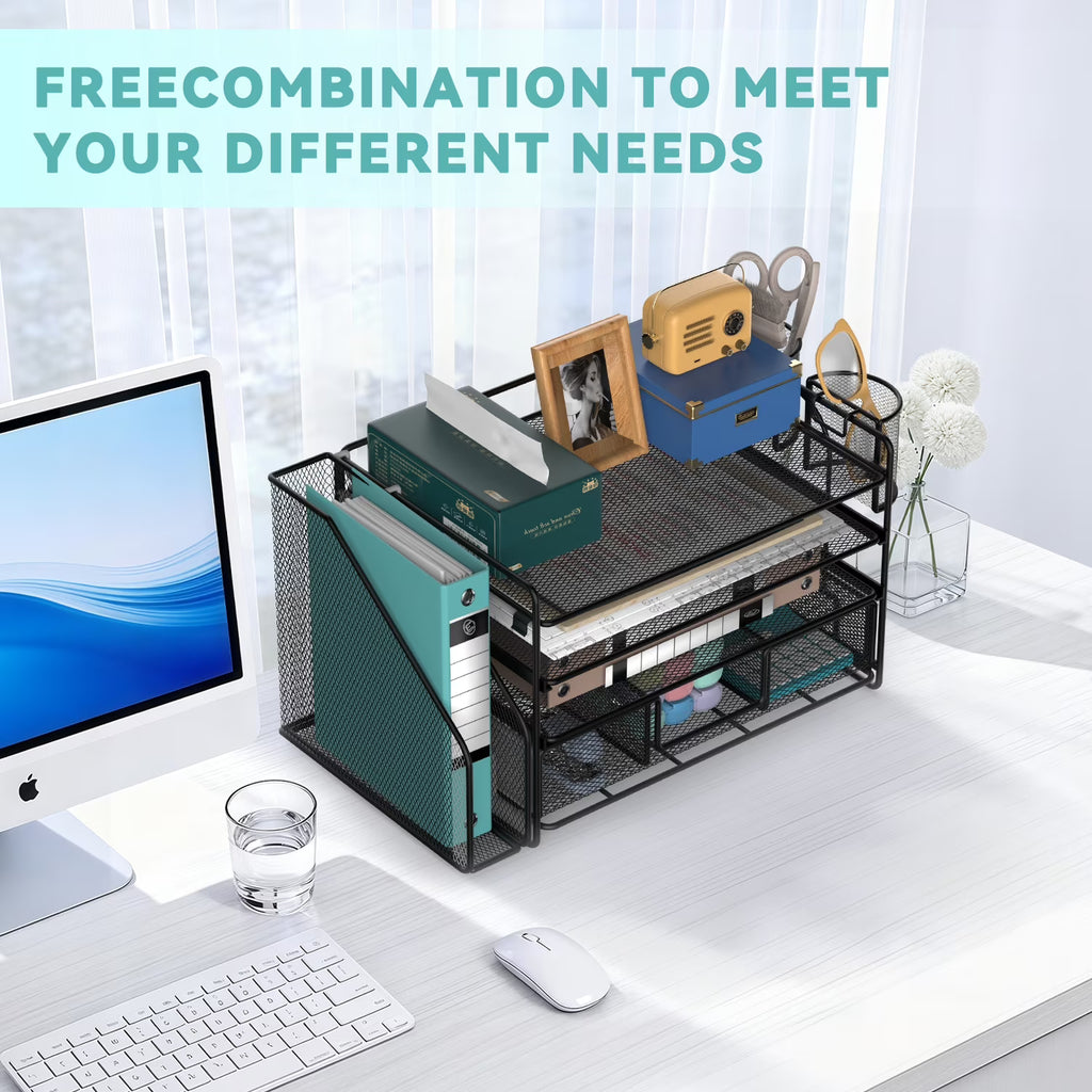 4-Tier Desktop File Organizer with Drawer & Pen Holders