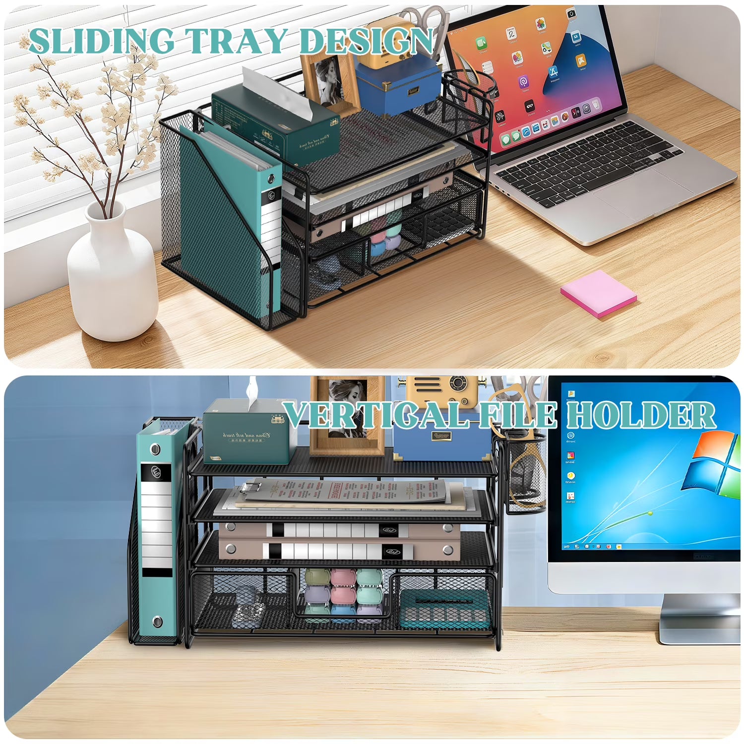 4-Tier Desktop File Organizer with Drawer & Pen Holders