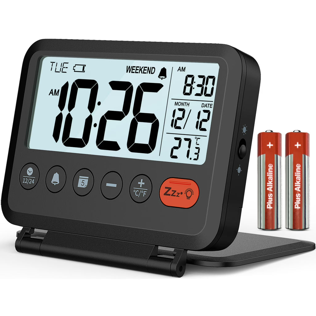 VOCOO Digital Travel Alarm Clock with LCD Display, Battery Operated, Folding Desk Clock