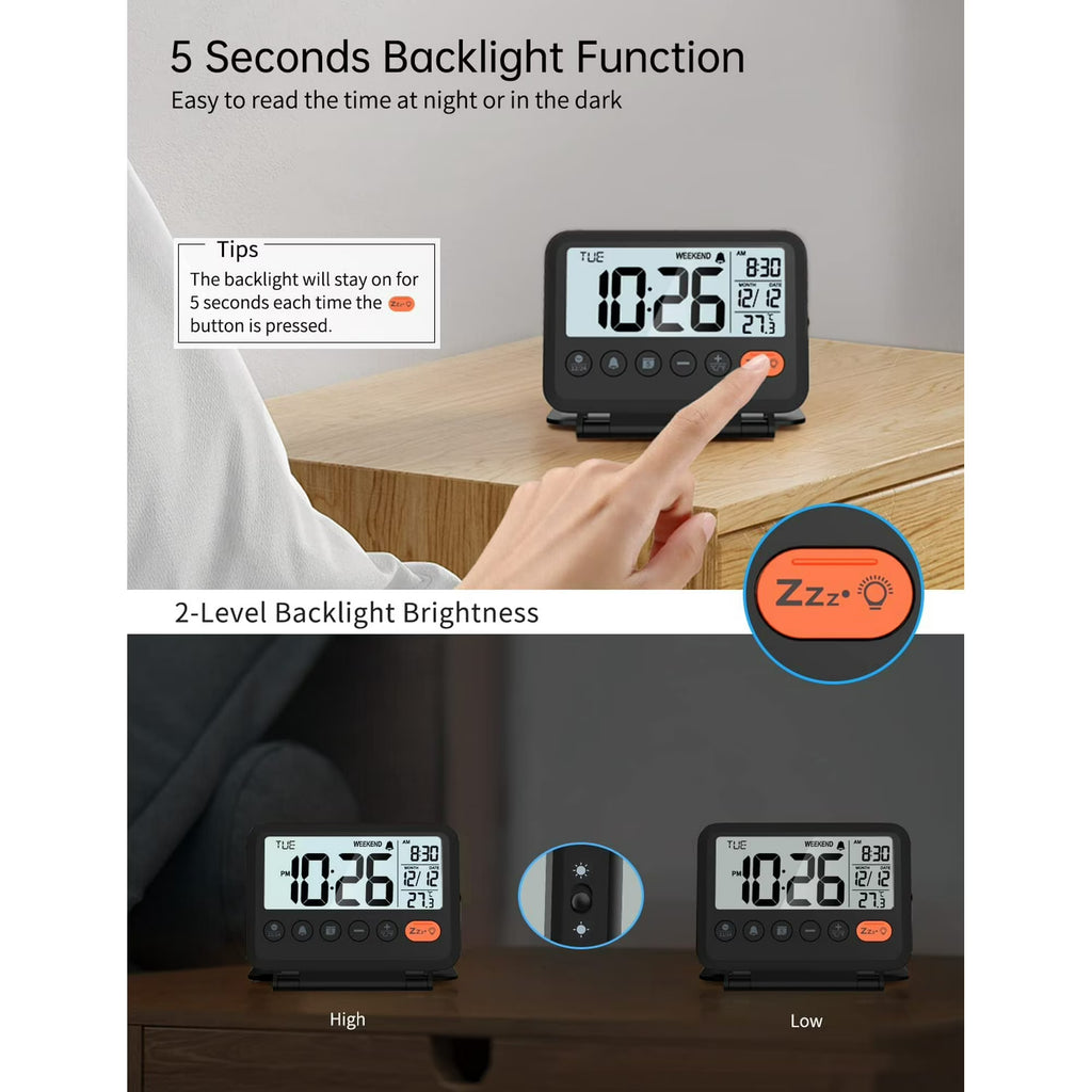 VOCOO Digital Travel Alarm Clock with LCD Display, Battery Operated, Folding Desk Clock