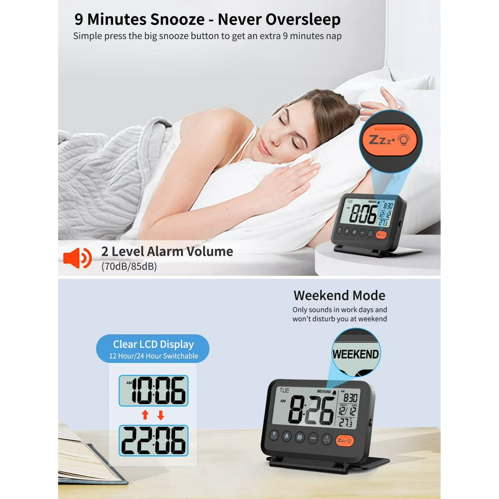 VOCOO Digital Travel Alarm Clock with LCD Display, Battery Operated, Folding Desk Clock