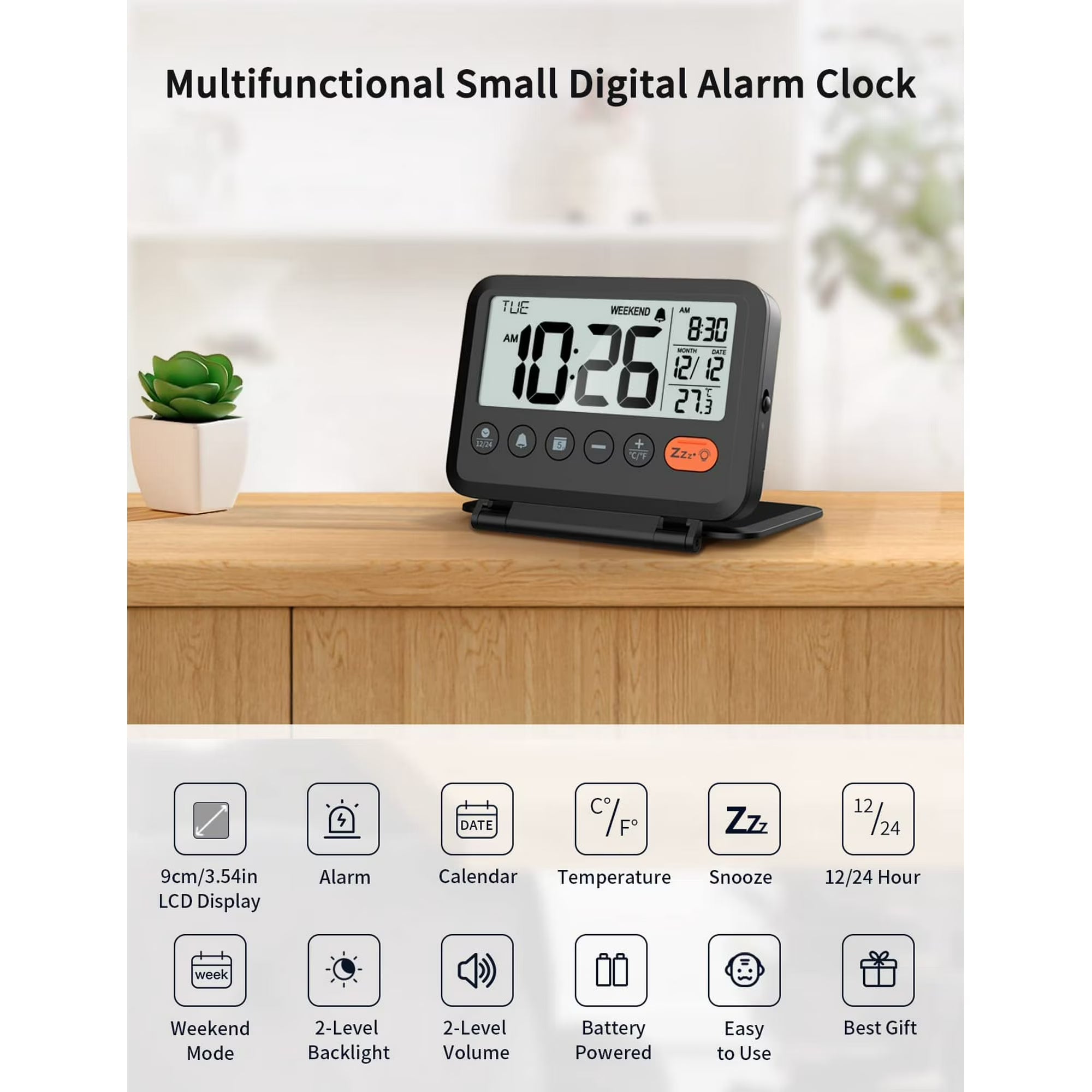 VOCOO Digital Travel Alarm Clock with LCD Display, Battery Operated, Folding Desk Clock
