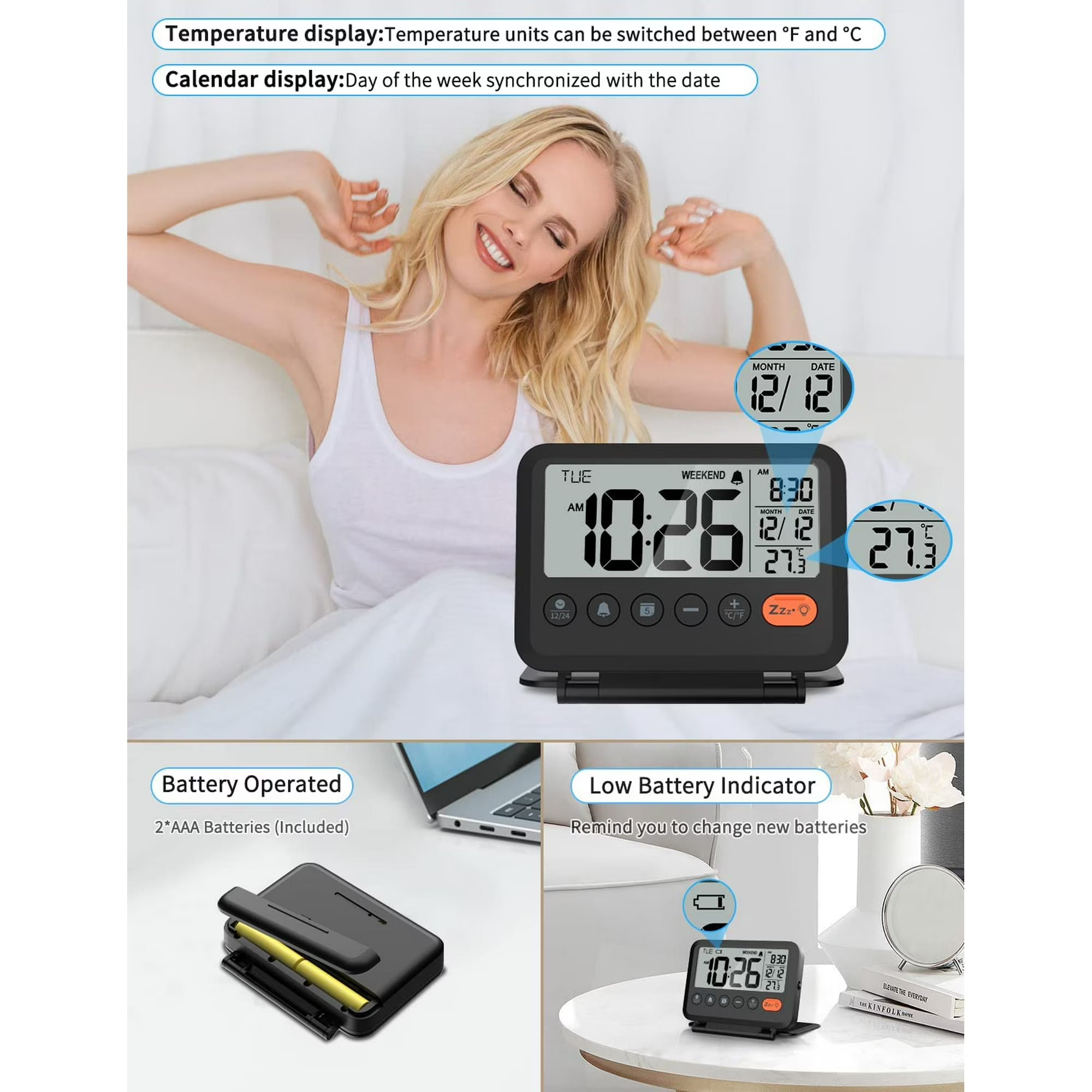 VOCOO Digital Travel Alarm Clock with LCD Display, Battery Operated, Folding Desk Clock
